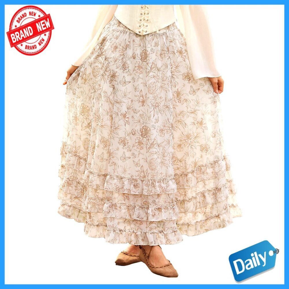 Maxi Skirt with Pockets Flowy Chiffon High Waist Elastic Ruffle Long
